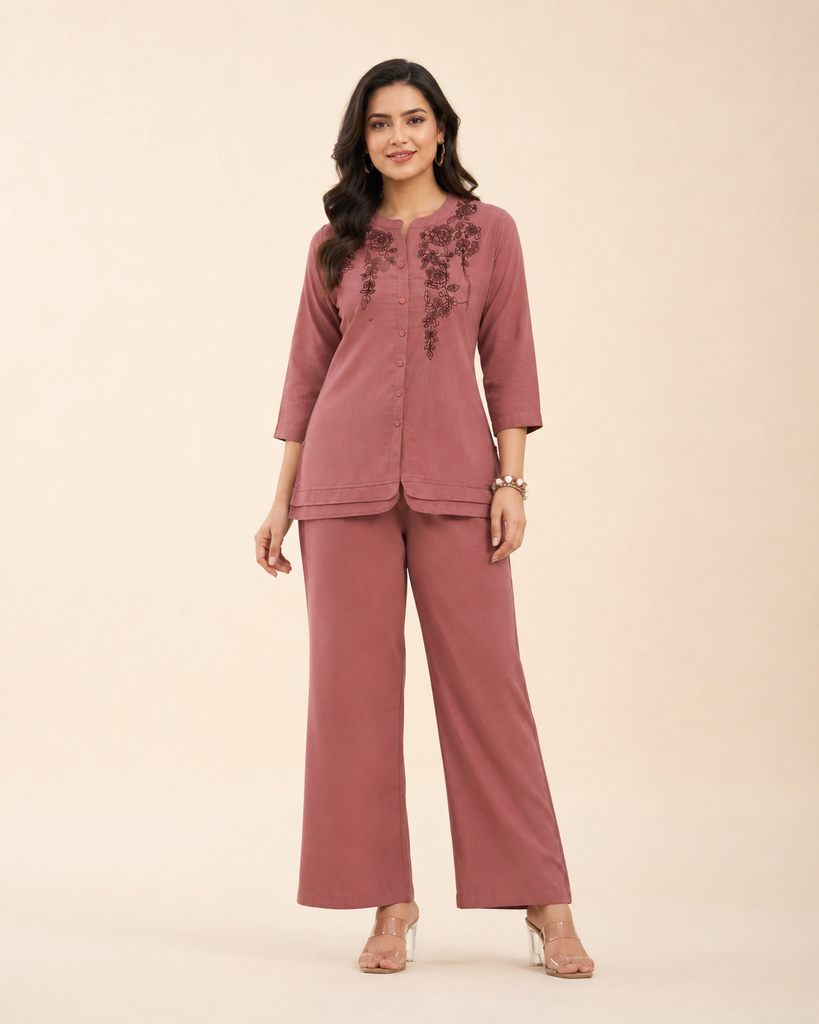 [RF-5763-M] Viscose Embroidered Co-Ord Set for Women | Roselle Fashion (M)