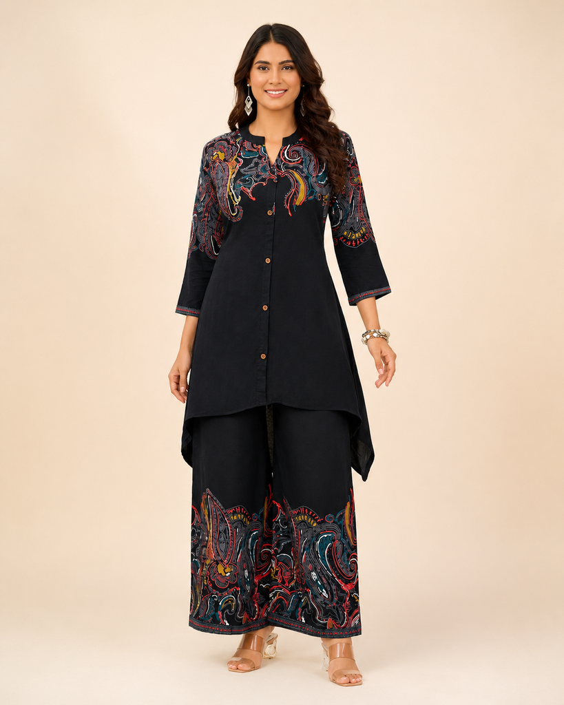 [RF-5767-M] Discharge Rayon Kurta Palazzo Set for Women | Roselle Fashion