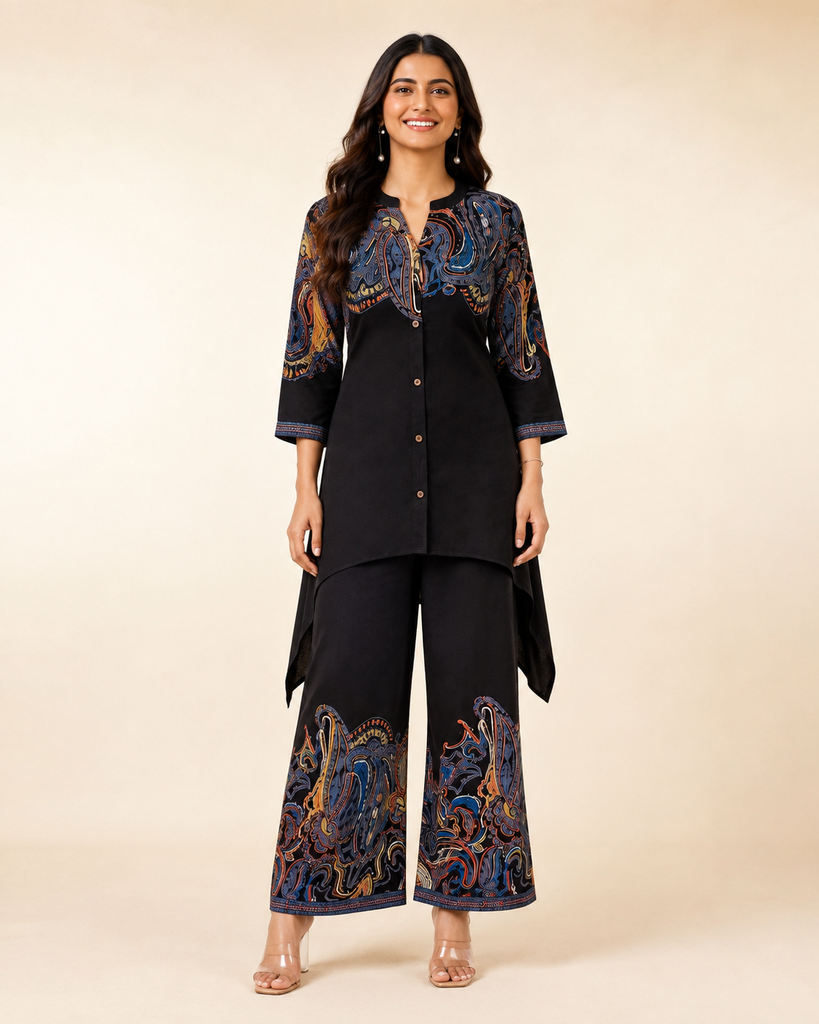 [RF-5768-M] Discharge Rayon Printed Kurta Palazzo Set | Roselle Fashion