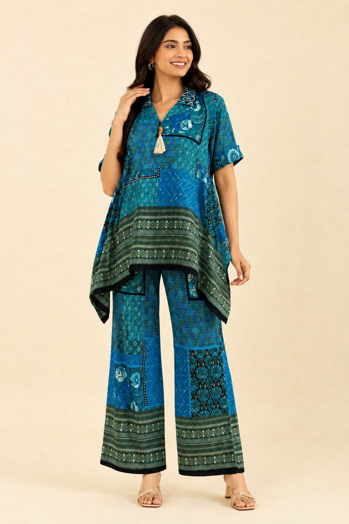 [RF-5737-M] Discharge Rayon Printed Kurta Palazzo Set for Women | Roselle Fashion (M)