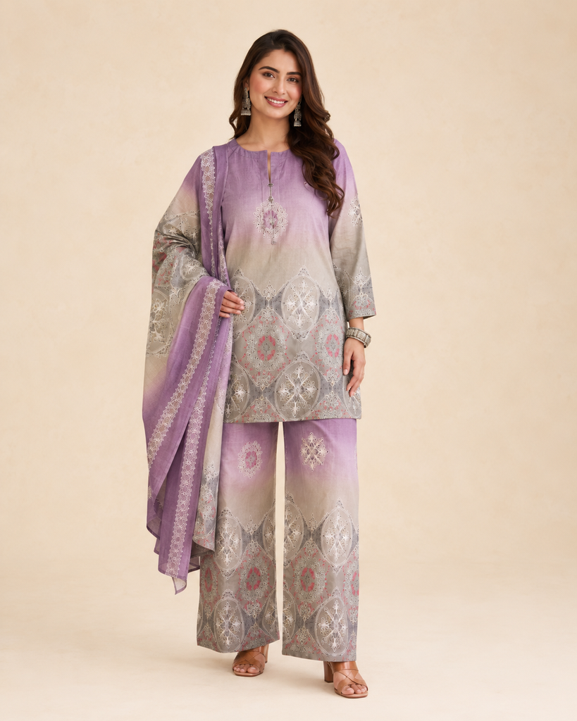 [RF-5743-M] Malmal Cotton 3-Piece Co-Ord Set for Women | Roselle Fashion (M)