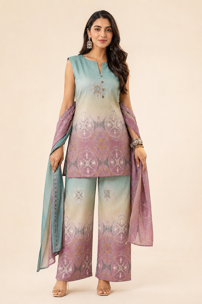 [RF-5744-M] Malmal Cotton 3-Piece Co-Ord Set for Women | Roselle Fashion (M)