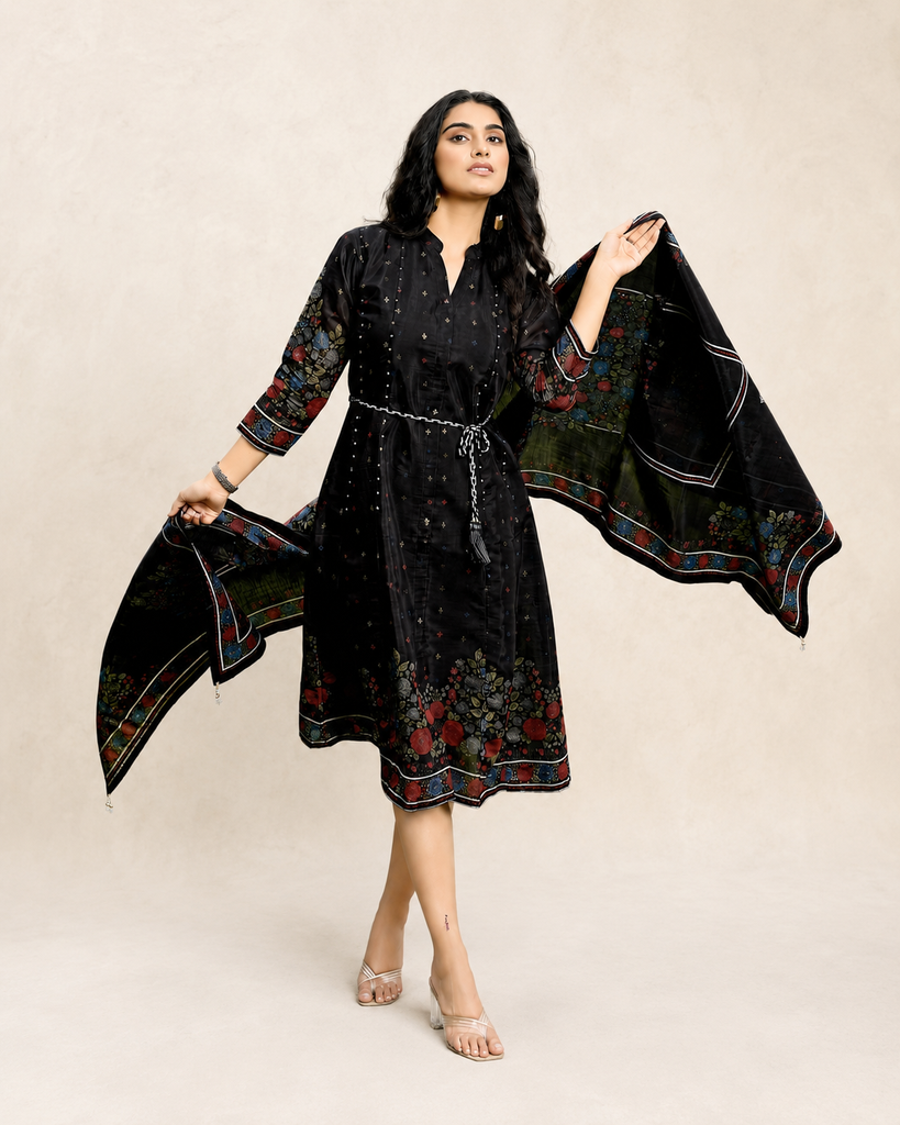 [RF-5320-M] Mal Chanderi Printed Kurta Set for Women | Roselle Fashion (M)