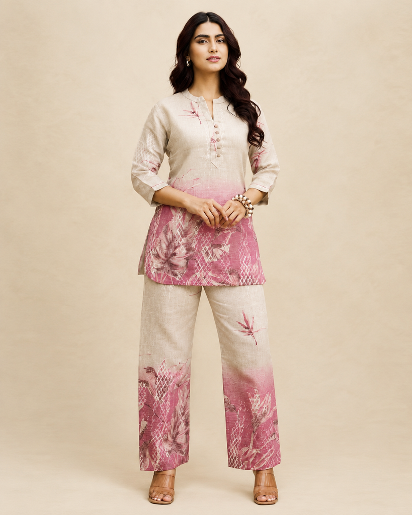 [RF-5439-M] Sadad Linen Printed Kurta Palazzo Set for Women | Roselle Fashion (M)