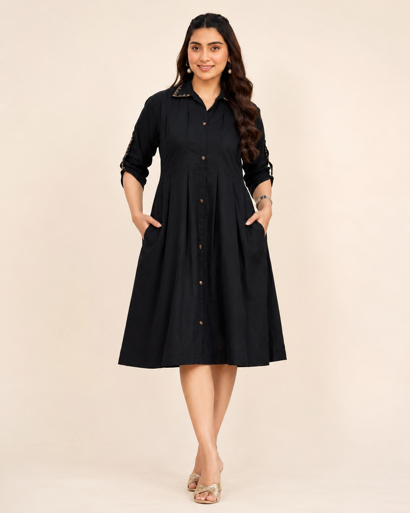 [RF-5529-M] Cambric Cotton Shirt Style Dress for Women | Roselle Fashion (M, Black)